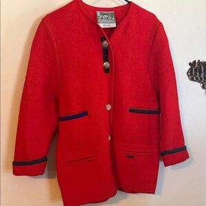 Red Wool Cardigan with Black Trim